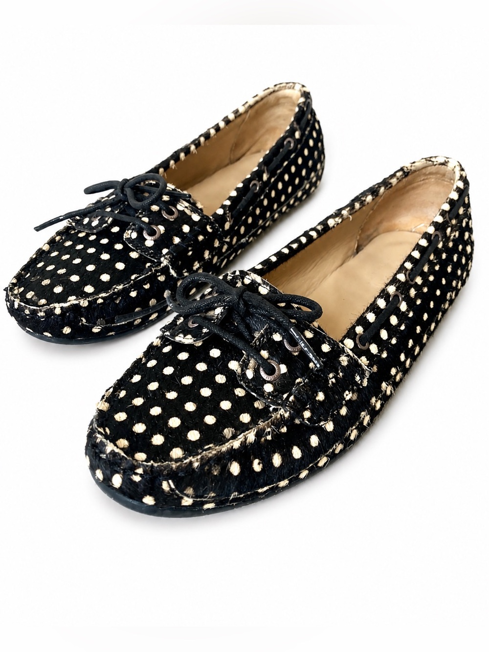 Sebago Bala Boat Shoes Womens 9M Black White Polka Dot Calf Hair Leather Loafers